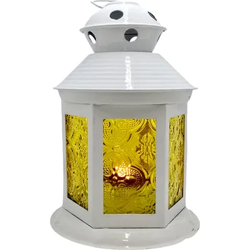 Obraz Bílá kovová lucerna se žlutými skly 14 cm L1992A