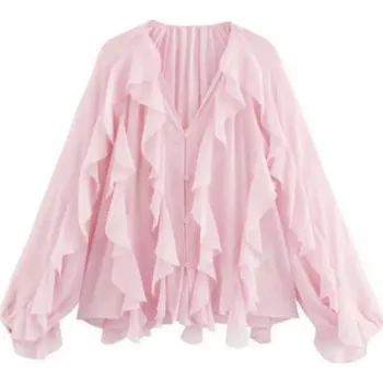 Dámská košile Dámská košile dlouhý rukáv Výstřih do V Elegantní košile s volánky Zapínání na knoflíky Lehký stylový top pro každodenní nošení Polyester růžová L