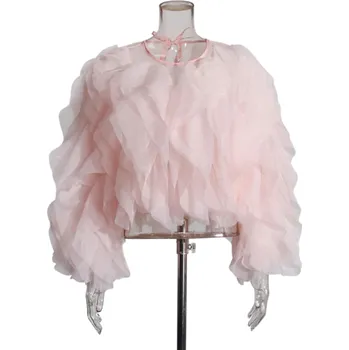 Dámská košile dlouhý rukáv Elegantní halenka s volánky Zavazování za krkem na mašličku Bavlna Polyester Stylový módní top pro každodenní nošení růžová XL