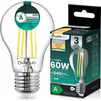 Žárovka LED ŽÁROVKA E27 FILAMENT TŘÍDA A 3,8W 840LM = 60W 2700K 360° LUMILED