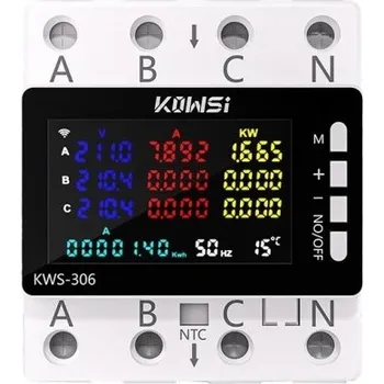 Multimetr Měřič energie a ochrana sítě AC 85–290 V 80 A 3 fáze 4 vodiče DIN lišta KWS-306 bez Wi-Fi Přepětí Podpětí Přetížení