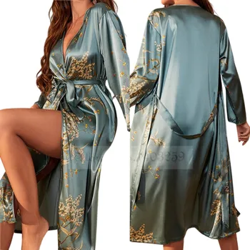 Dámský župan Dámský župan s květinovým motivem Lehký župan z polyesteru a umělého hedvábí Zavazování kolem pasu Elegantní domácí župan pro ženy modrá S