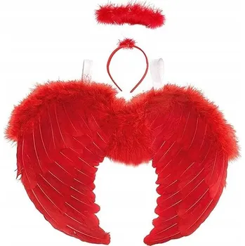 Karnevalový kostým Andělská křídla s peřím 30 cm, svatozář, kostým, červená