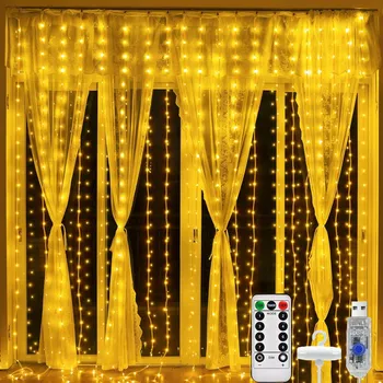 Vánoční dekorace Vánoční LED závěs 3x3m 300LED USB Dálkové ovládání Háčky Teplá Bílá