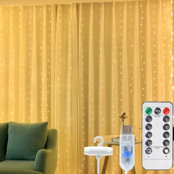 Vánoční dekorace SVĚTELNÝ ZÁVĚS 300 LED Vánoční Osvětlení Na Stromeček Teplá Bílá na Okno 3x3m USB