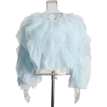 Dámská košile dlouhý rukáv Elegantní halenka s volánky Zavazování za krkem na mašličku Bavlna Polyester Stylový módní top pro každodenní nošení modrá XL