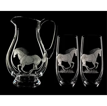 Sklenice džbán 1,5l + sklenice 2 ks Club 350ml na pivo s rytinou koní - ručně ryté (broušené) dárek pro milovníky koní