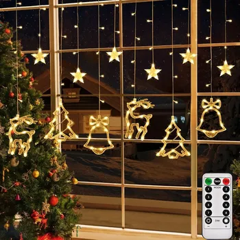 Vánoce Světelný závěs LED Vánoční Teplá Bílá Světýlka Sobí Zvonky Stromečky