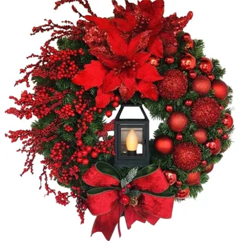 Věnec Vánoční červený věnec 45 cm s dekorativní lampou