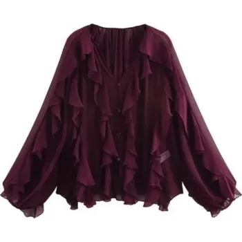 Dámská košile Dámská košile dlouhý rukáv Výstřih do V Elegantní košile s volánky Zapínání na knoflíky Lehký stylový top pro každodenní nošení Polyester vínová L