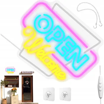 Obraz NEONOVÝ NÁPIS OPEN WELCOME BAREVNÝ NASTAVITELNÝ PRO OBCHOD BAR KAVÁRNU