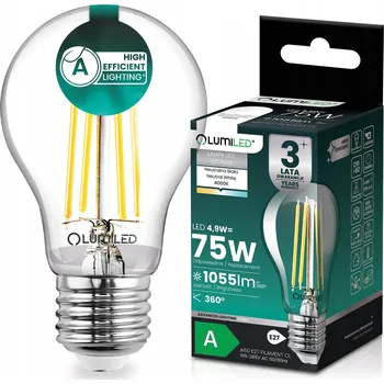 Žárovka LED ŽÁROVKA E27 FILAMENT TŘÍDA A 4,9W 1055LM = 75W 4000K 360° LUMILED