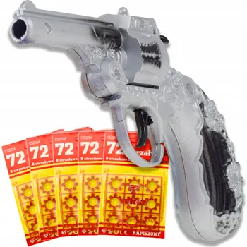 Dětská zbraň PISTOLE NA KAPSLÍKY STRAŠÁK 5x72ks SLEPÉ NÁBOJE KOVOVÝ REVOLVER PRO DĚTI