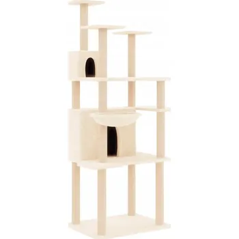 Multifunkční škrabadlo pro kočky s domečky, košíkem a platformami, krémové