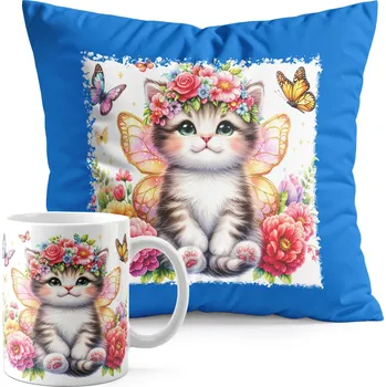 SADA HRNEK + POLŠTÁŘ MODRÁ – ZVÍŘATA KOČKA KOTĚ KICÍK ROZTOMILÝ