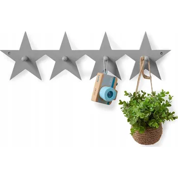 Věšák Dřevěný nástěnný věšák ve tvaru hvězd, šedý, se 4 háčky, 60 cm