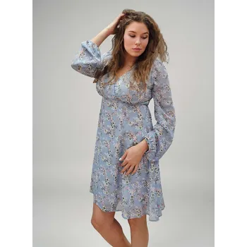 Těhotenské šaty Elegantní šifonové těhotenské a kojicí šaty Solenne 3v1 s uvazováním – nebesky modré s růžovo-bílými kvítky, dlouhý rukáv Velikost: XL