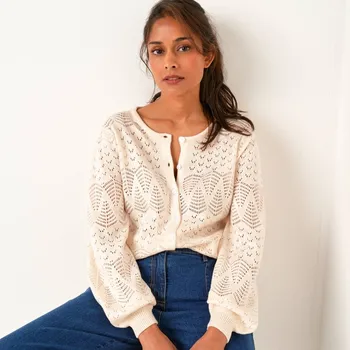 Dámský svetr Propínací svetr s dírkovaným vzorem režná 50