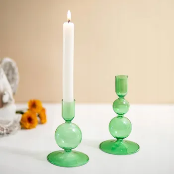 Svícen Skleněné dekorativní svícny na vysoké svíčky zelené 2ks