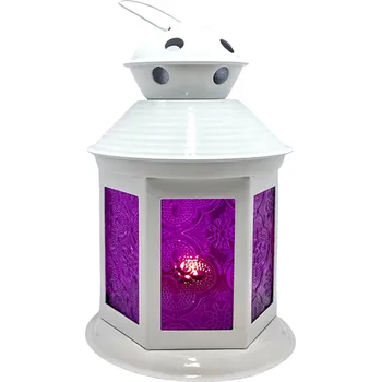 Obraz Bílá kovová lucerna s fialovými skly 14 cm L1992B