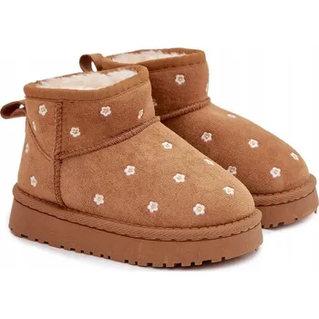 Dívčí sněhule Dívčí sněhule s květinami, zateplené kožíškem, camel barva, velikost 36