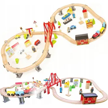 Vláček a vláčkodráha DŘEVĚNÁ VLÁČKODRÁHA VLAK HRAČKA PRO DĚTI 70 dílů most + tunel 3+