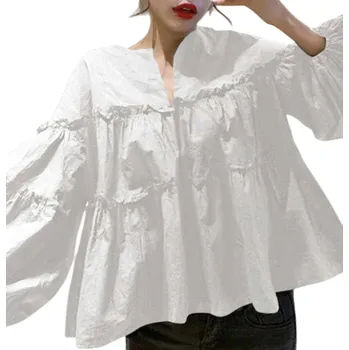 Dámská košile Dámská volná košile dlouhý rukáv Elegantní halenka s výraznými volánkami Lehký vzdušný střih Bavlna Polyester Módní top pro každodenní nošení bílá 3XL
