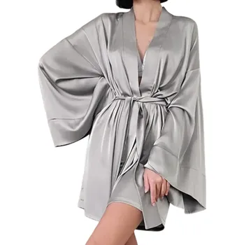 Dámský župan Dámský župan lehký župan z polyesteru a hedvábí Zavazování kolem pasu na tkaničku Elegantní domácí župan pro ženy Hebký lesklý materiál šedá L