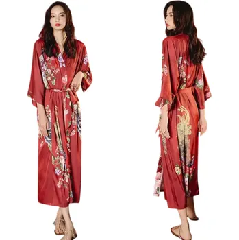 Dámský župan Dámský župan univerzální velikost Červená barva S květinovým motivem Zavazování kolem pasu Lehký elegantní župan z umělého hedvábí a polyesteru pro domácí pohodlí