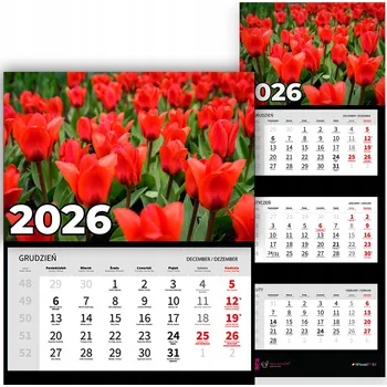 Kalendář Nástěnný Trojdílný Kalendář 2026 Závěsný Kancelářský Tulipány Mix Vzorů