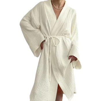 Dámský župan Dámský župan béžová barva Měkký bavlněný župan Zavazování kolem pasu Pohodlný domácí župan z prodyšné bavlny Lehký elegantní dámský župan L