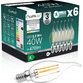Žárovka 6x LED ŽÁROVKA E14 FILAMENT TŘÍDA A 2,2W 470LM = 40W 4000K 360° SVÍČKA