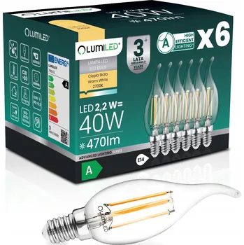 Žárovka 6x LED ŽÁROVKA E14 FILAMENT TŘÍDA A 2,2W 470LM = 40W 2700K 360° SVÍČKA