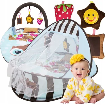 Hrací deka Velká Vzdělávací Podložka pro miminka, Stan Hrací Skříňka s motivem sov a moskytiérou