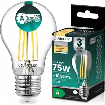 Žárovka LED ŽÁROVKA E27 FILAMENT TŘÍDA A 4,9W 1055LM = 75W 2700K 360° LUMILED