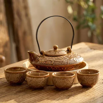 Konvice na čaj Čajová sada s podnosem hnědá 6 ks