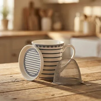 Hrnek s infuzérem a víčkem 300 ml bílo-modrý