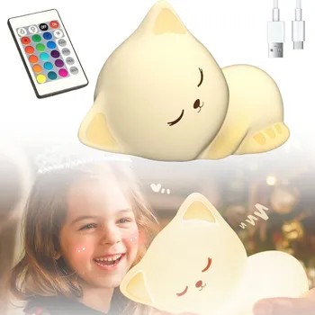 Noční světlo KOČKA NOČNÍ LAMPA PRO DĚTI LED RGB SILIKONOVÁ AKUMULÁTOR USB DÁLKOVÉ OVLÁDÁNÍ