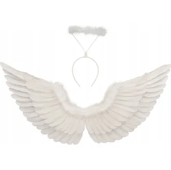 Vánoční dekorace Andělská křídla 68x33 cm Bílá Přírodní Peří + Svatá záře Betlém
