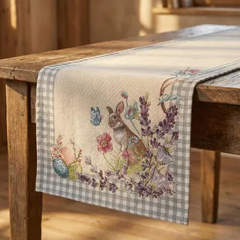 Velikonoční dekorace Velikonoční běhoun se zajíčkem 37 × 100 cm béžovo-modrý