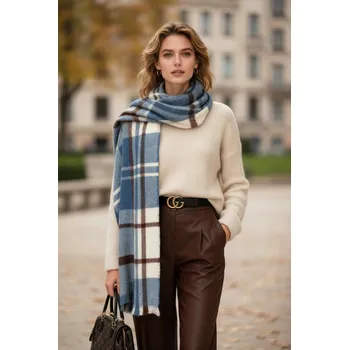 Šála Classic Scarf Měkká světle modrá kostkovaná dámská nebo pánská zimní vlněná šála