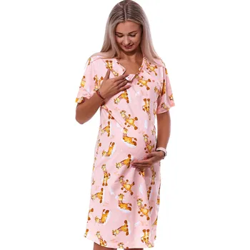 Dámské noční prádlo Růžová kojící noční košilka dvojpropínací na knoflíky s žirafami 1C3677 růžová s