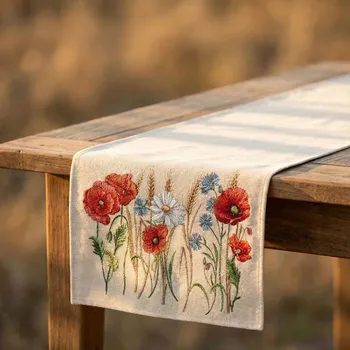 ubrus Vyšívaný běhoun s květy 37×100 cm béžový