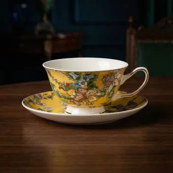 Šálek s podšálkem 200 ml 15 cm žlutý s květy