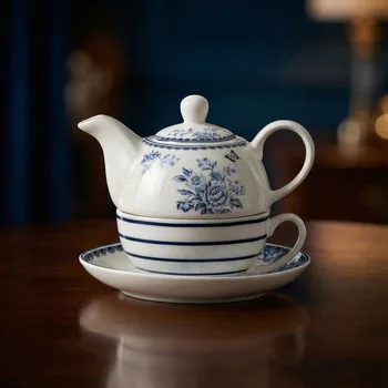 Konvice na čaj Džbánek s šálkem a podšálkem Tea for one 400+220 ml bílý s modrým vzorem
