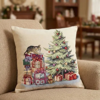 Povlak na polštářek Vánoční povlak na polštář s kočkou a vánočním stromkem KISS 45x45 cm