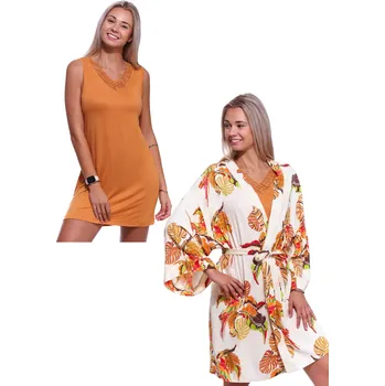 Dámská noční košile Jemná luxusní oranžová košilka a bílým župan se vzorem pokojových rostlin v kompletu 1D1342 oranžová xxl