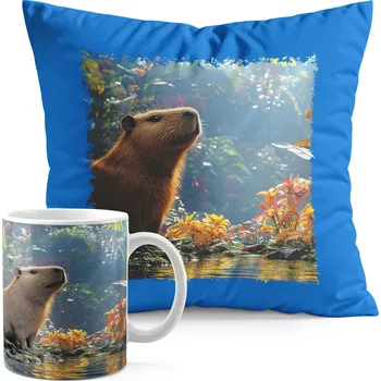 SET HRNEK + POLŠTÁŘ MODRÝ - ZVÍŘATA KAPYBARA MÓDNÍ