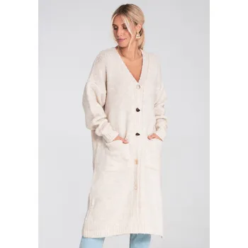 Dámský svetr Figl Dlouhý, rovný kardigan na knoflíky M1237 Barva: Béžová, Velikost: XL