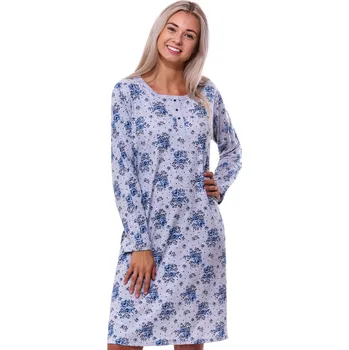 Dámské oblečení Šedá i modrá růžičková noční košilka s patentky u krku pro plnoštíhlé ženy či dívky 1C3691 modrá xxxl